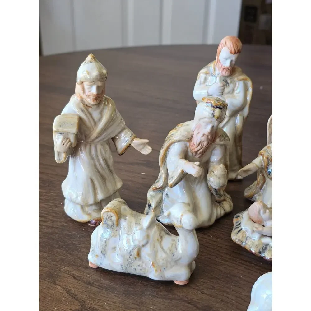 Vintage Nativity Scene Figurines 9-Piece Set Hand-Painted Ceramic Religious Chri